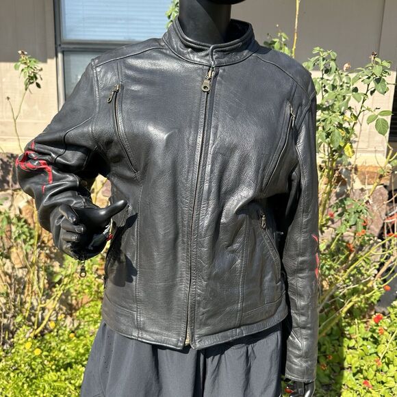 MOB Cowhide Motorcycle Jacket Mens Size 40 Red Flames Vented‎ Biker Grunge Punk - Picture 1 of 15